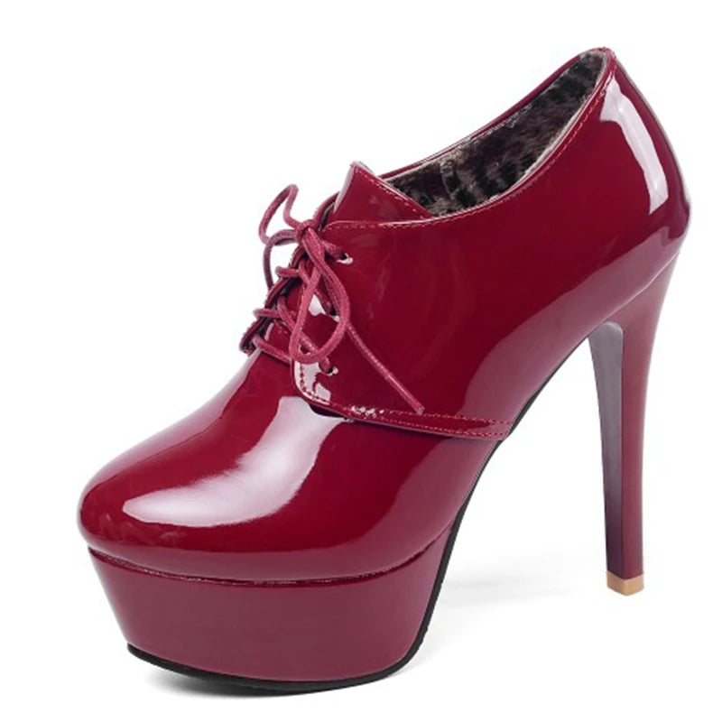 REAVE CAT Pumps Round Toe 13cm Thin high Heels Patent Leather Lace up Cross-tied Platforms 33-45 A2874