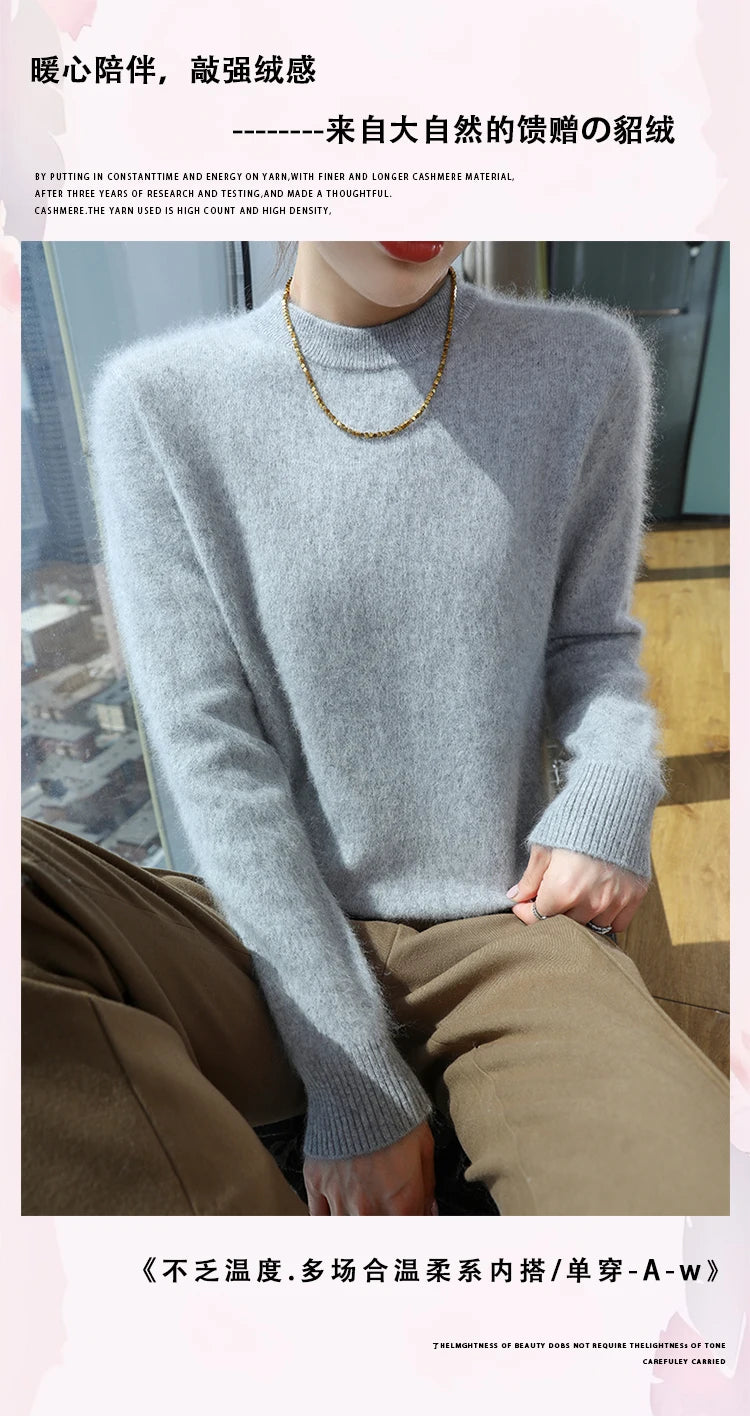 Autumn and winter women's semi high neck pullover sweater solid color knitted slim fit women's 100 mink cashmere sweater new sty