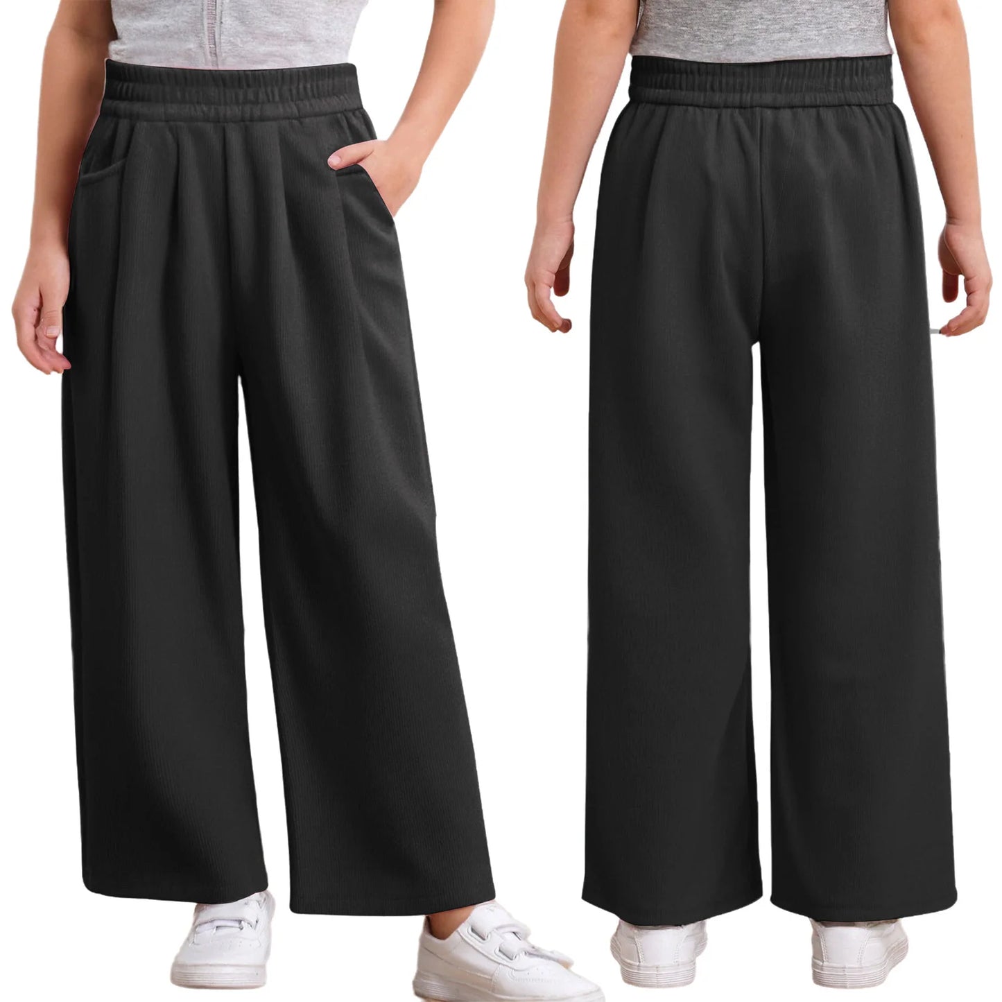 Kids Girls High Waist Corduroy Trousers Retro Straight Causal Full Length Wide Leg Pants with Pockets Fashion Baggy Sweatpants