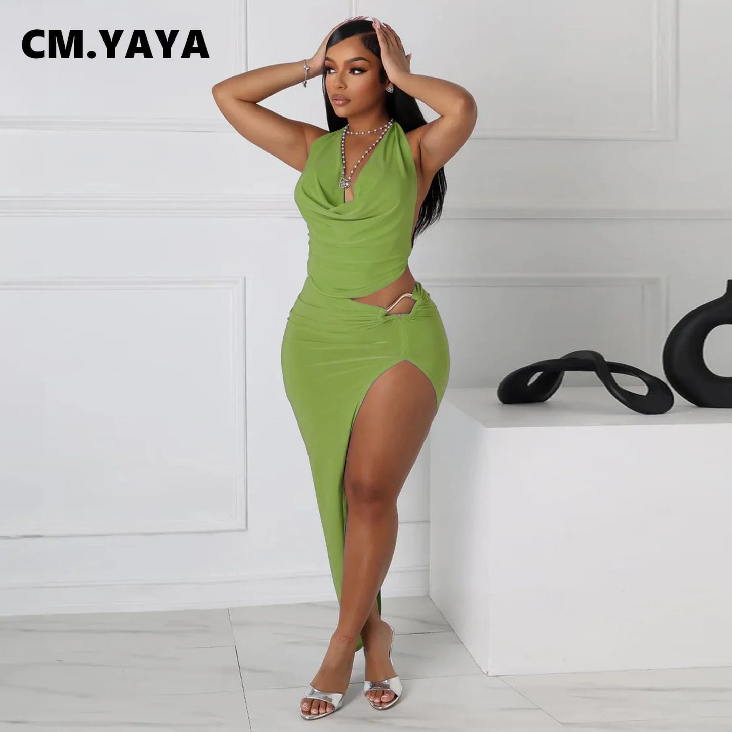 CM.YAYA Women's Set Halter Neck Backless Crop Top High Side Split Slim Maxi Skirts Suit 2025 Beach Sexy Two 2 Piece Sets Outfits