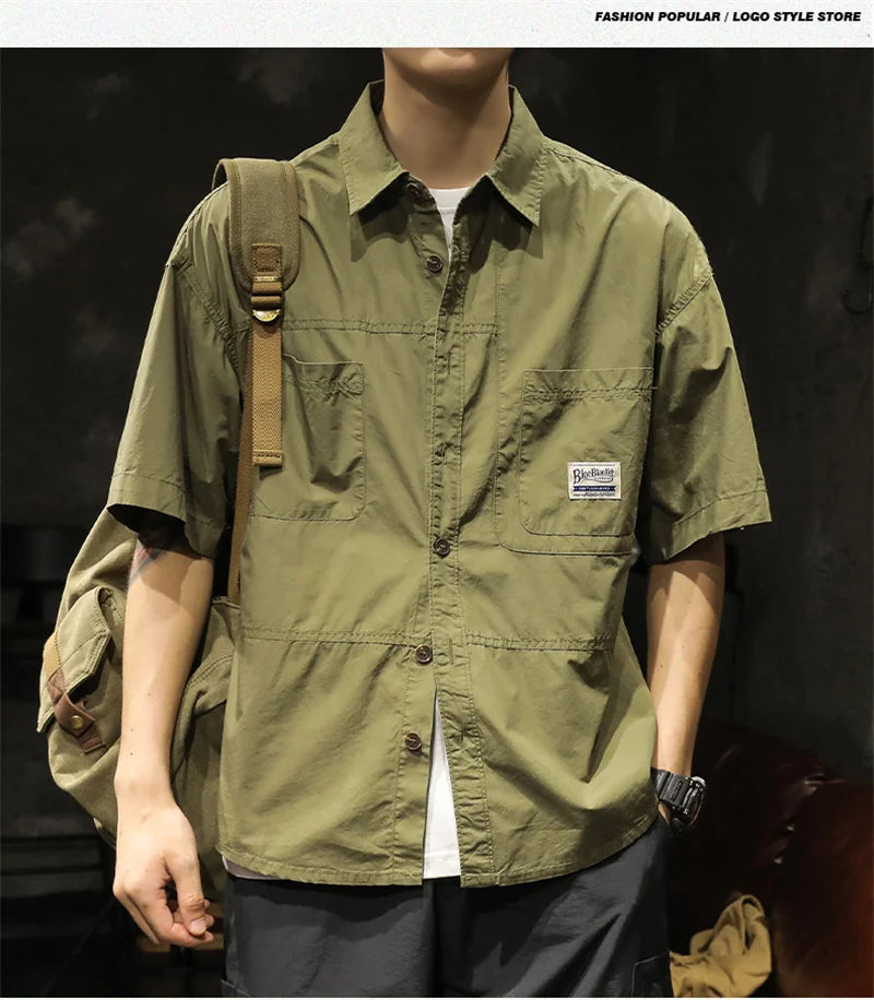 American Casual Short Sleeve Shirt For Men Summer Fashion Comfortable T-shirt 2026 New High Street Plain Lapel blouses hombre