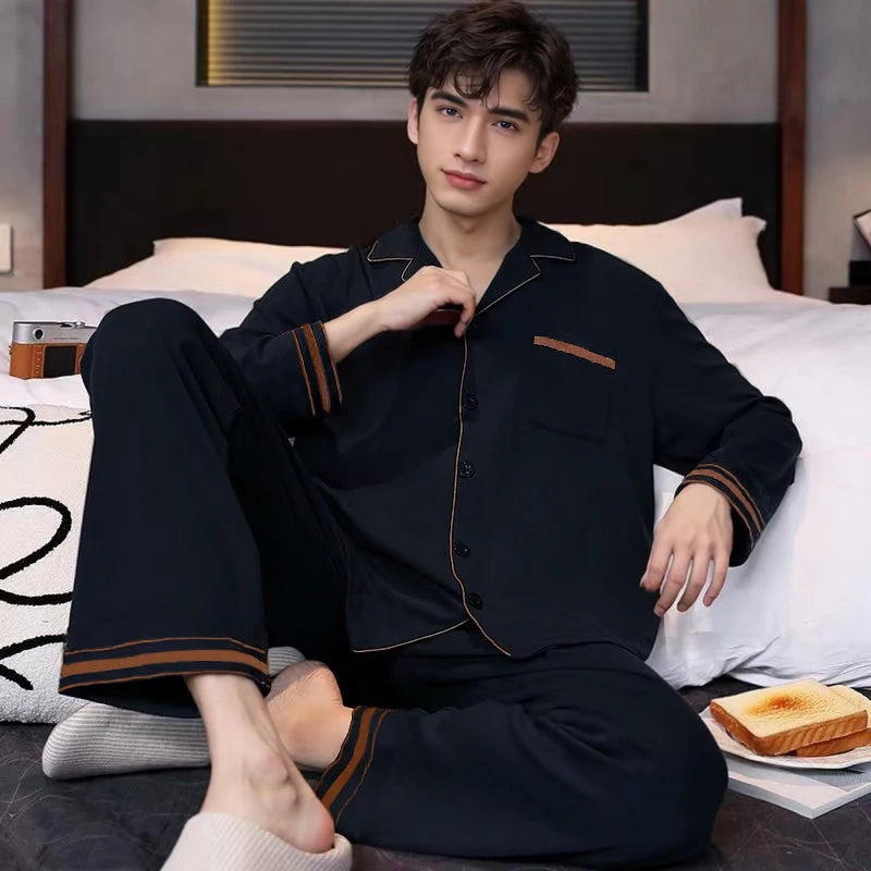 Pajamas for Men Spring and Autumn Long-Sleeved Young Men's Simple Casual Lapel Autumn and Winter Home Wear Set