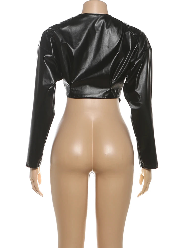 Weird Puss Faux Leather Crop Jacket Women Cross Neck Hipster Single Button Irregular Fall Trend Wild Basic Sexy Streetwear Coat