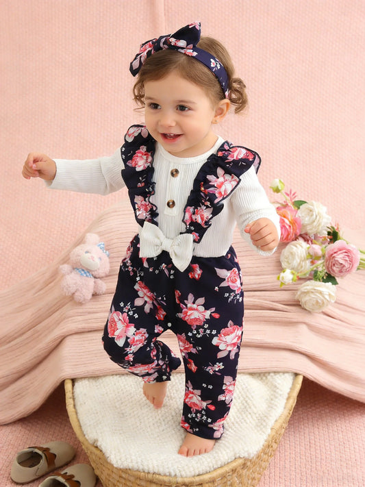 Spring Autumn New Style Baby Girl Romper Suit with Hairband Set Royal Blue Floral Print Onesie for Infants