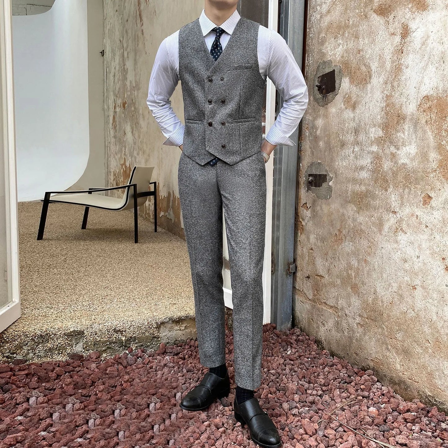 Vest Suit Men Groomsmen Clothes British Retro Tweed Vest Male Bridegroom Wedding Dress Brothers Outfit Waistcoat Pants Two Piece