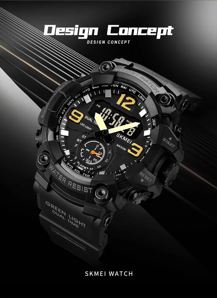 Skmei Men's Military Sport's Wristwatch Fashion Big Size Dial Quartz Analog Three Time Zone Male Led Waterproof Stop Watches
