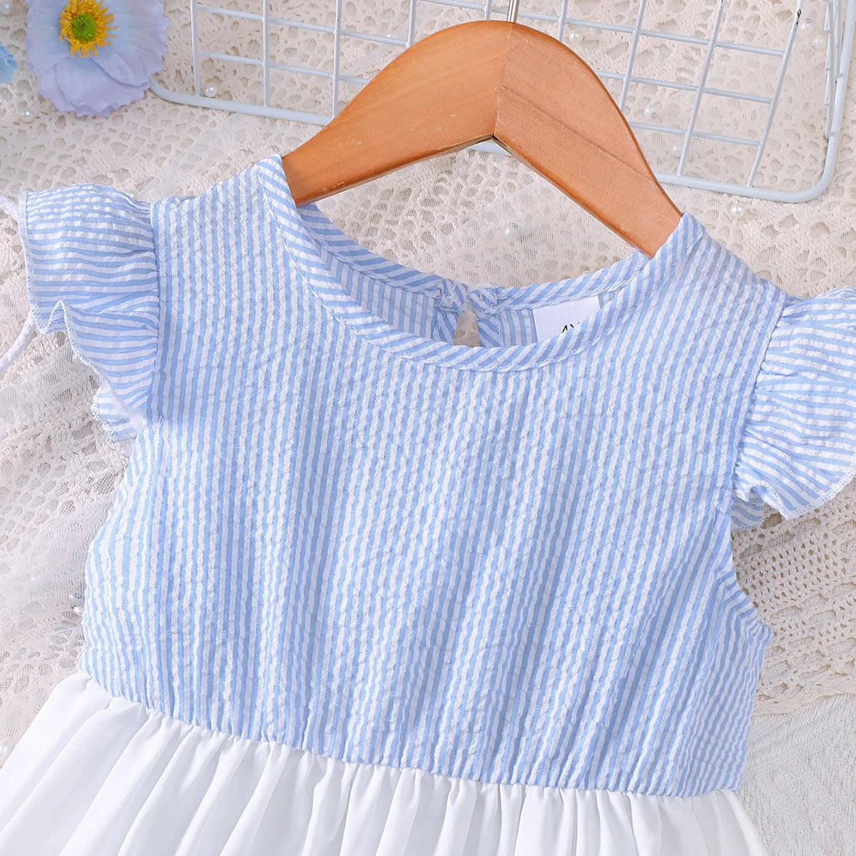 Fashion kids girl Summer Dress Set +Bag Blue White Floral Layered Ruffle Sleeveless Sundress for 2-7Y Casual Children Clothes