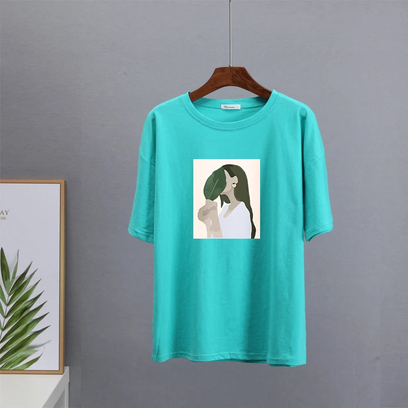 Hirsionsan Harajuku Printed T Shirt Women 2023 Summer Chic Tees 100% Cotton Elegant Graphic Clothes Loose Casual Pullover Tops