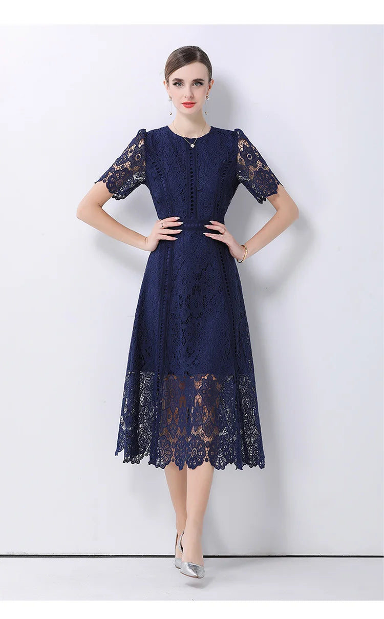 SMTHMA Vintage High-End O-Neck Short Sleeve Lace Hollow Out Dress For Women's Summer Slim Elegant Long Dress Female Clothing
