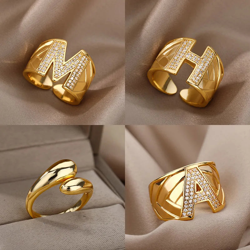 Chunky Zircon Initial Letter Rings For Women Stainless Steel Hip Hop Jewelry