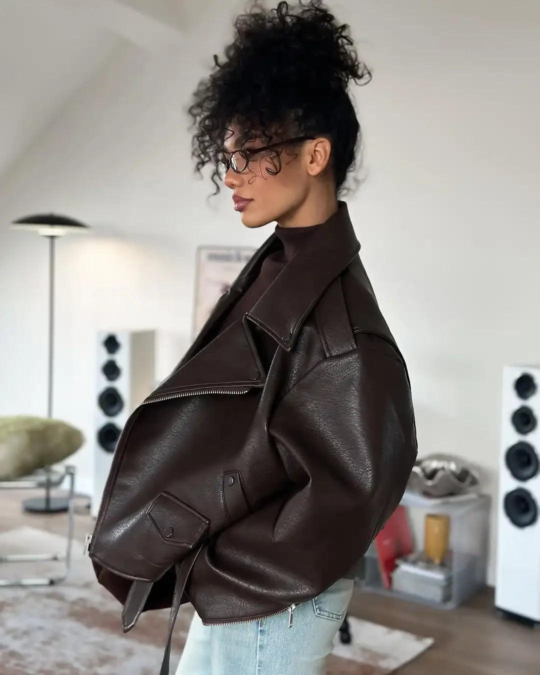 Casual Dark Red  Zipper Leather Short Jackets Women Long Sleeve Lace Up Lapel Loose Button Coat Lady Daily High Street Wear 2026