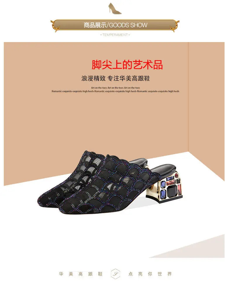 Crystal Half Slippers Female Thick Heels 2023 New Summer Fashion Outside Wear Medium Heel Mesh Cool Female Soft  Baotou Sandals