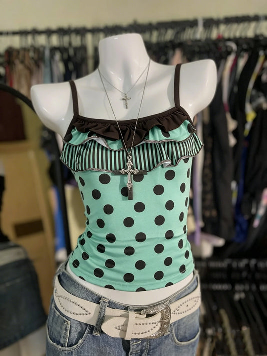 Kawaii Polka Dot Cami Top With Contrast Ruffle And Stripe Trim For Women