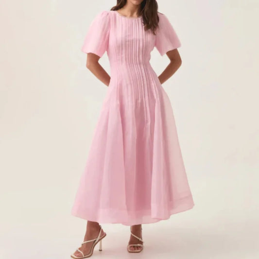 Summer 2025 Women's round NeckDouble Layer FabricHeavy Work Short Sleeve Dress Y2K High Quality Fashion High Street A-Line Skirt