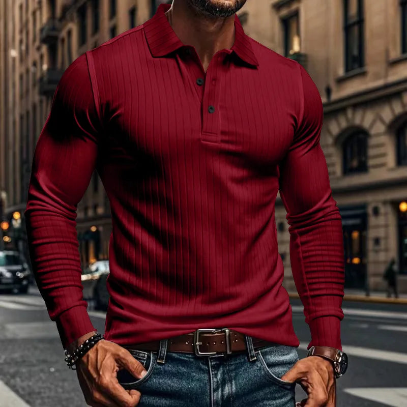 Cross-border autumn men's classic casual American lapel button-up long-sleeved T-shirt elastic pit strip polo shirt