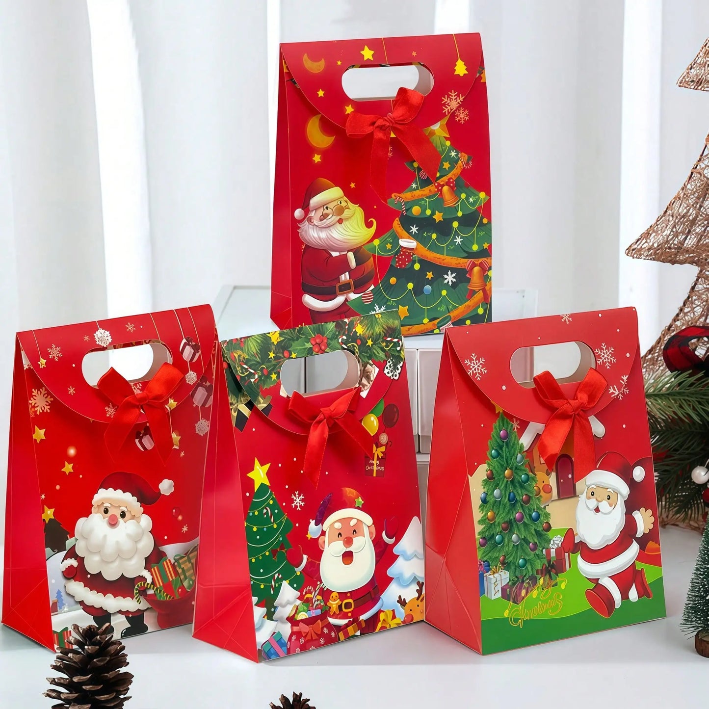 4pcs/12pcs Christmas Paper Red Bag With Ribbon Candy Gift Bags Wrapping Chocolate Desserts Snack Spring Festival Suppily