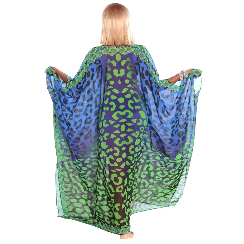 African Dresses for Women See-Through Chiffon Sexy V-neck Bohemian Printing Maxi Dresses Africa Kimono Bikini Holiday Beachwear