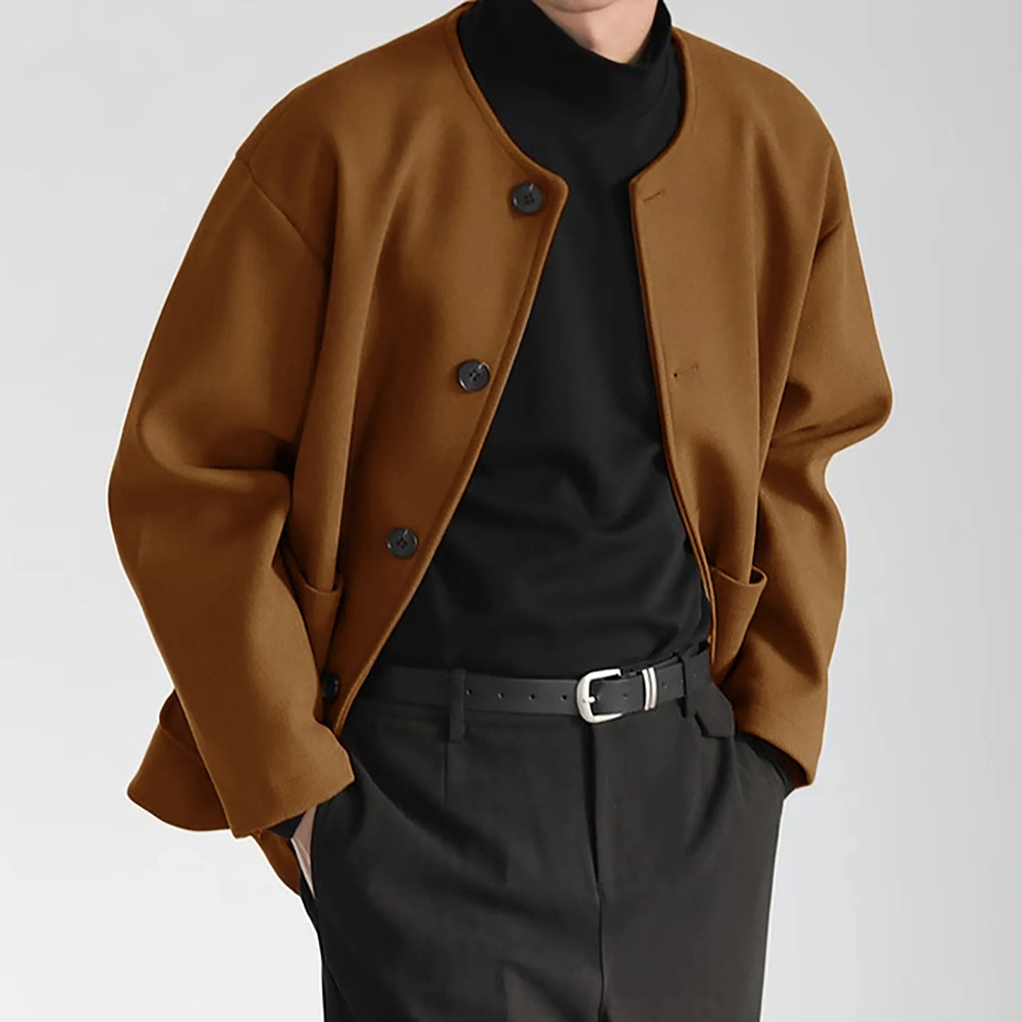Korean Style Popular Double Side Jackets for Men Light Luxury Solid Fashion Button-up Neckless Woolen Coats Men Leisure Jackets