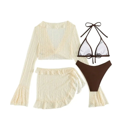 4Pcs/Set Fashion Summer Women Swimsuit Long-sleeve Party Cover-up Swimwear Vacation Casual Brazilian Beachwear for Women