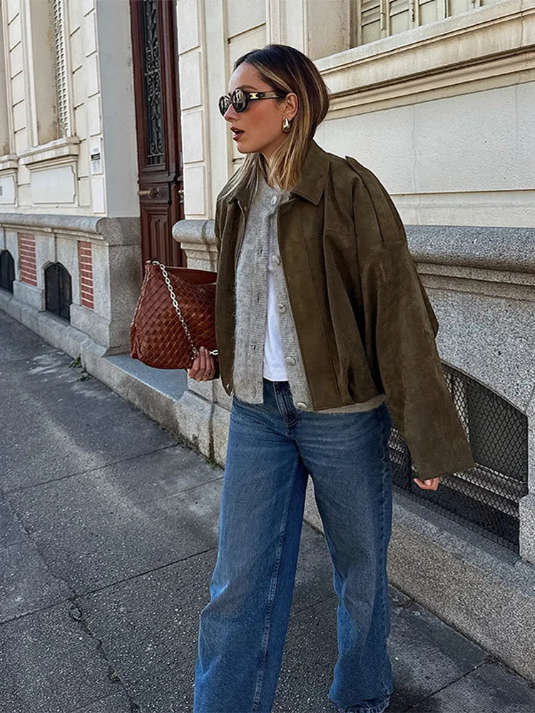 Solid Color Lapel Long Sleeves Jacket Woman Waist Cinching Loose Straight Shorts Female Sets Baggy Casual Street Women's Suit