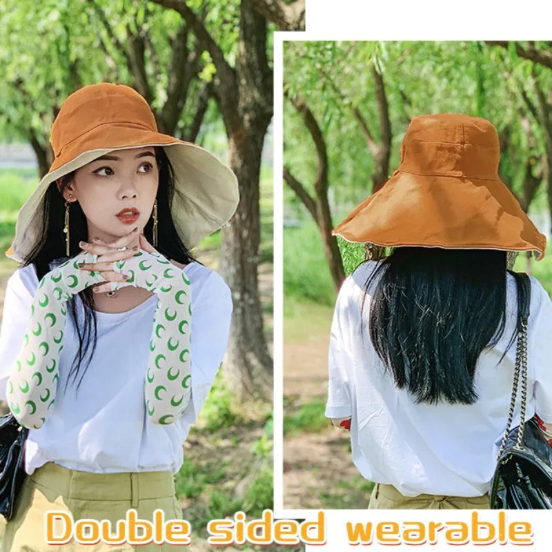 Wide Brim UPF 50+ Sun Hat Women Anti-UV Protection Hiking Fisherman Cap Fold Summer Solid Beach Hat 2024 Double sided Sun hat BAZAARHUBO