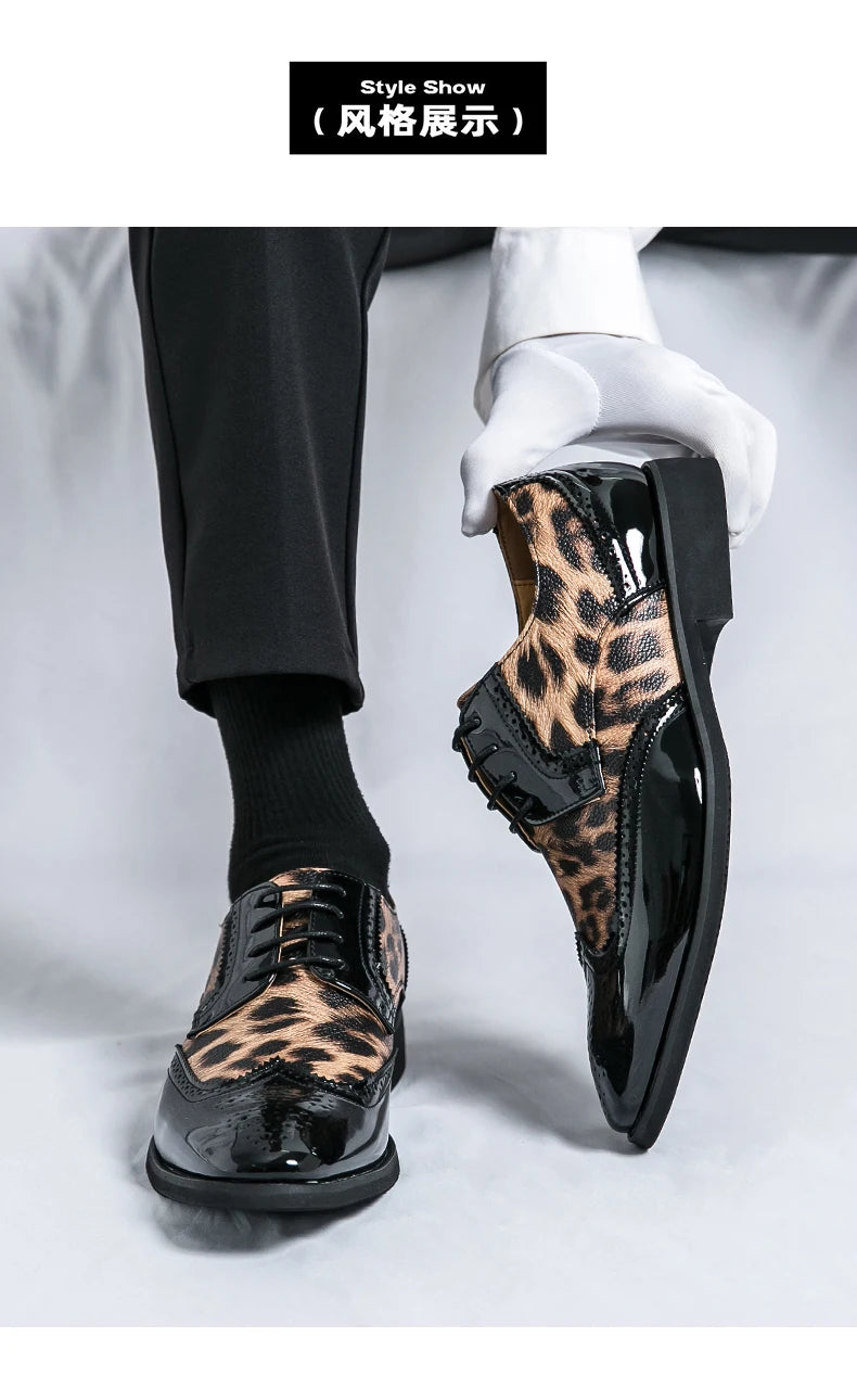 2025 Fashion Leopard Dress Shoes Man Pointed-Toe Lace-up Luxury Man Comfortable Leather Shoes For Men Plus Size 48 Oxford shoes