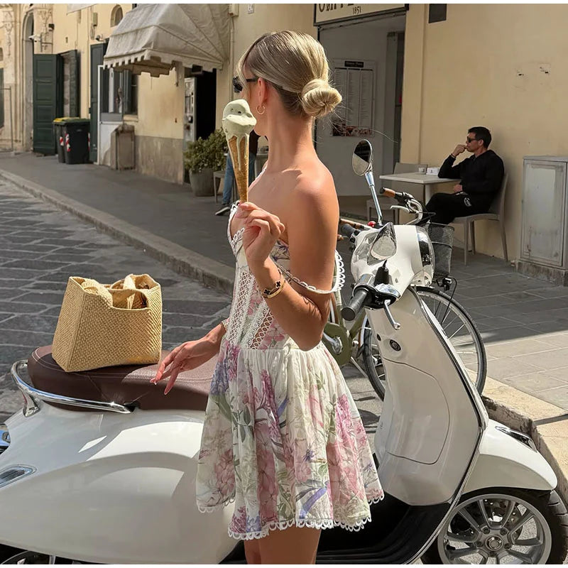 Floral Print Women Mini Skirt Set Lace Sleeveless Hollow Out Cami Shirred Waist Ruffle Hem Short Skirts 2026 Summer Chic Suit