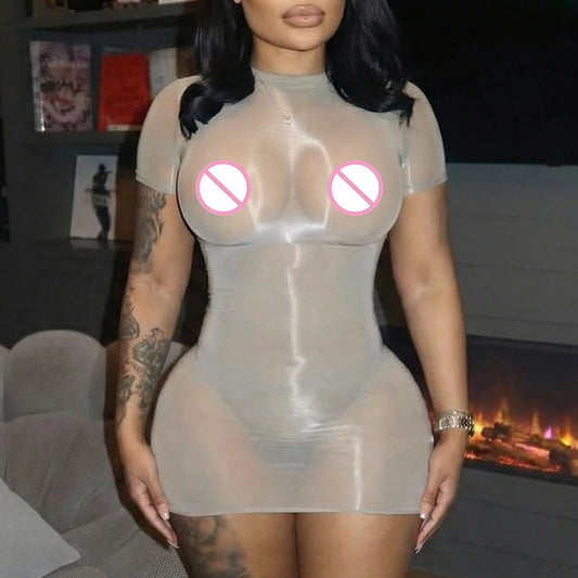 Sexy spicy girl style see through short sleeved tight fitting dress, short dress