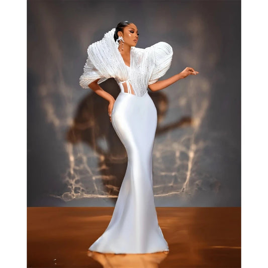 Customized Tulle Ruched Off The Shoulder White Evening Dresses African Women Formal Dress for Women 2026 Elegant Wedding