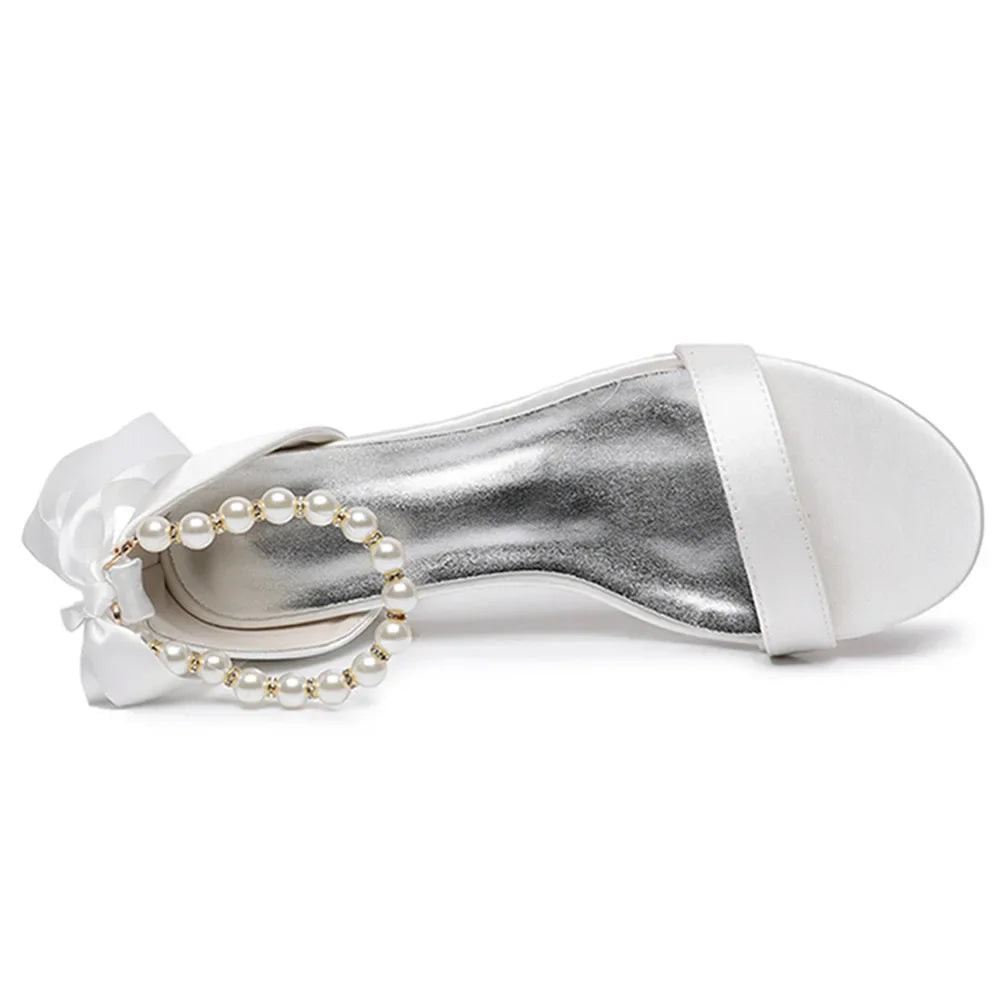 String Bead Sandals for Women Summer Peep Toe Sandals Ladies Fashion Ribbon Bow Thick High Heels Sexy Wedges Wedding Shoes 35-43