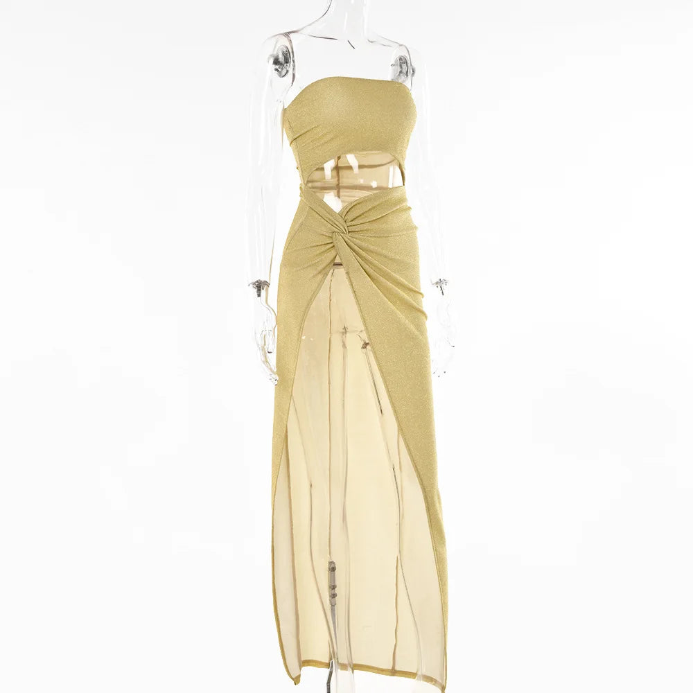 Cryptographic Summer Sexy Strapless Cut Out Slit Maxi Dress Elegant Outfits for Women Sleeveless Glitter Twist Dresses Vestido