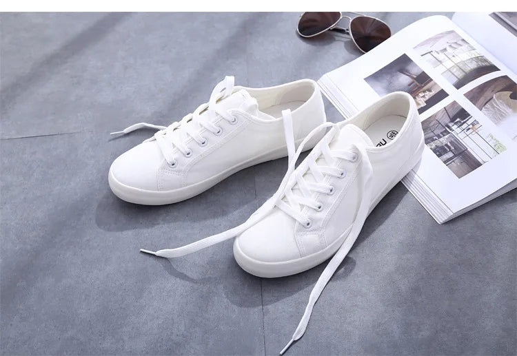 Unisex White Canvas Shoes Casual Summer Vulcanized Shoes Lace-up Students Cloth Shoe Women's Flats Sneakers Women Board Shoes