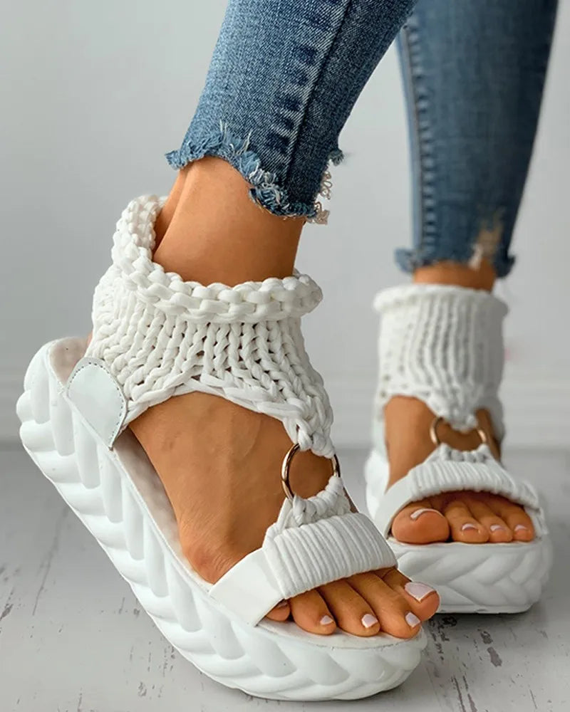 Sandals Women's Braided Knit O-Ring Cutout Platform Summer Gladiator Sandals Shoes Thick Heels Ladies White Sandalias Casual