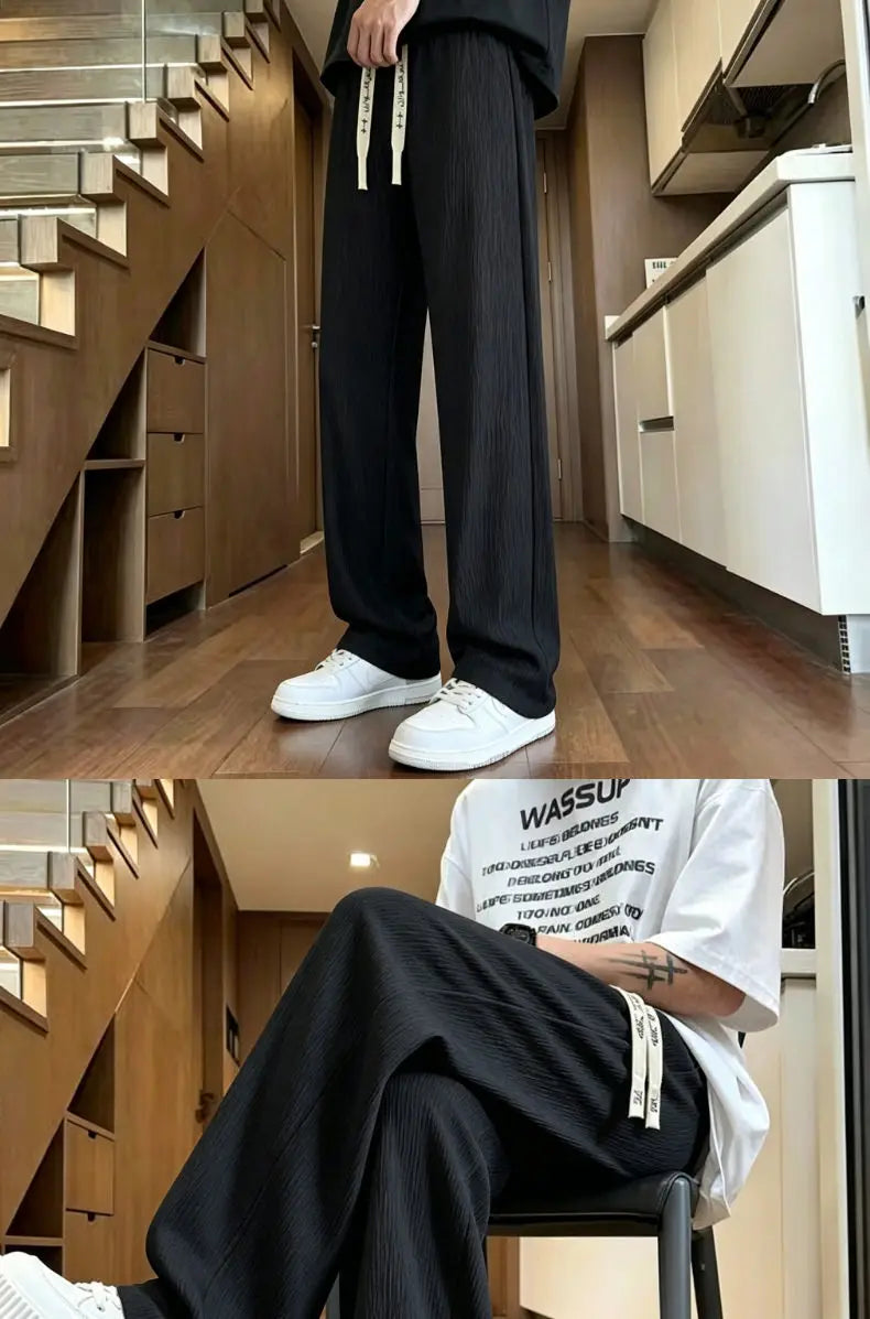New Mens Wide Leg Pants Summer Loose Textured Casual Trousers Baggy Straight Relaxed Fit Streetwear Comfortable Pants