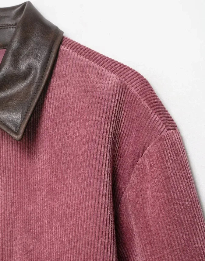 Women Pu Leather Collar Pink Cropped Jacket Corduroy Fashion Long Sleeve Zipper Coat 2026 New Lady Spring Chic Street Outwear