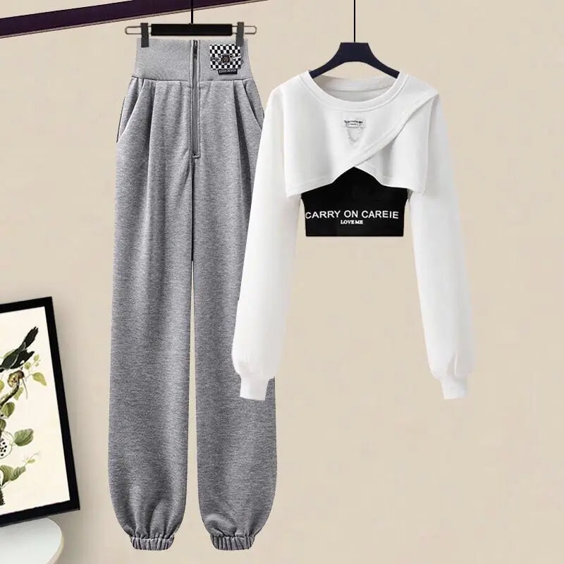 Korean Elegant Sportswear Suit Women's Spring Autumn Fashion Short Sweater+Suspenders+Pants Three Piece Female Tracksuit Set