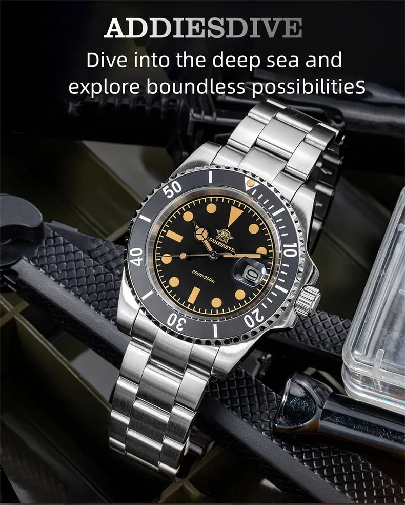 ADDIESDIVE Luxury Quartz Watch For Men Stainless Steel 20Bar Waterproof Dive Super Luminous AD2054 Fashion Watches Reloj Hombre