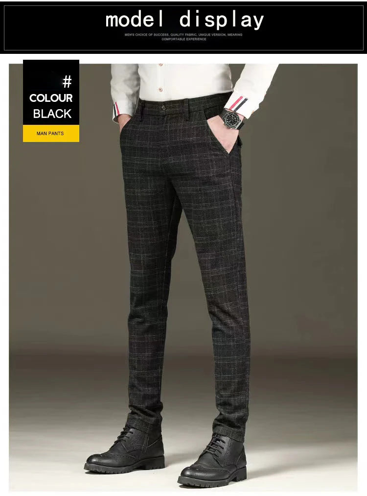 Fashion Black Grey Casual Trouses Mens Straight Fit Long Pants Striped Plaid Four Seasons High Quality Brand Business Trousers