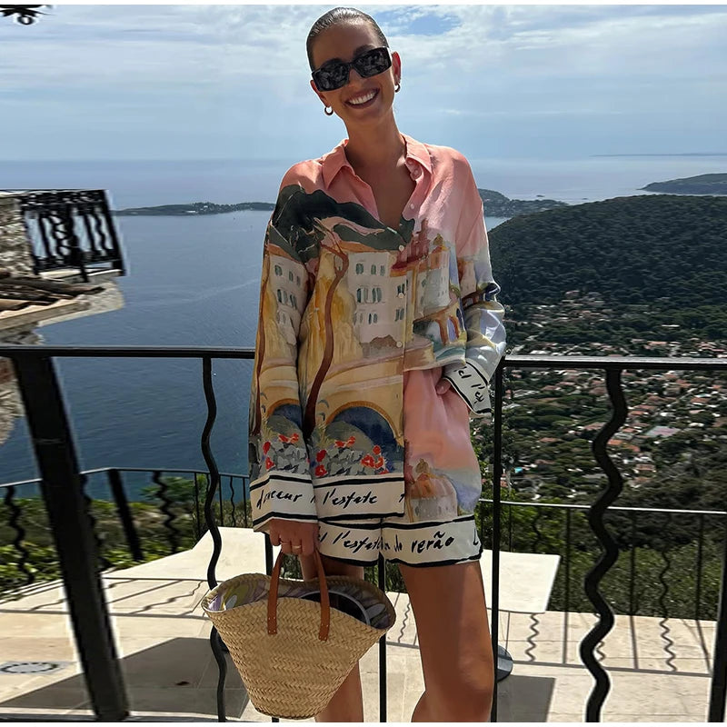 Floral Print Women Two Piece Set With Turn Down Collar Summer Casual Suit