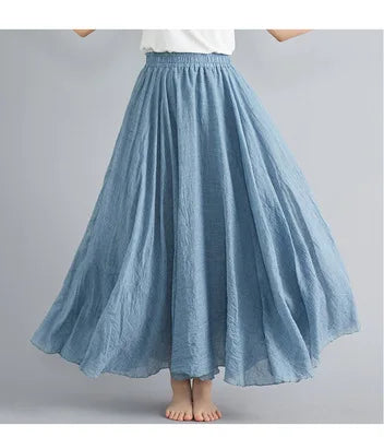New 2020 Women Linen Cotton Long Elastic Waist Pleated Maxi Skirt Beach Vintage