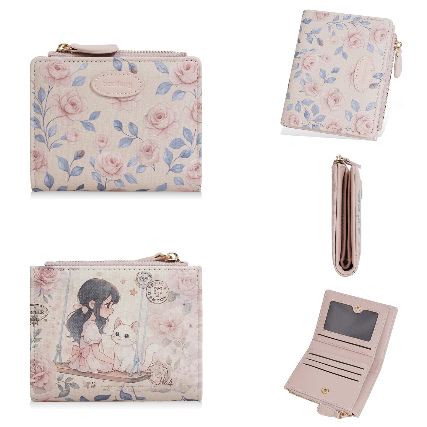 Baellerry Cute Cartoon Girl Wallet PU Leather Card Holder Coin Purse Photo Album for Students Birthday Gift for Daughters