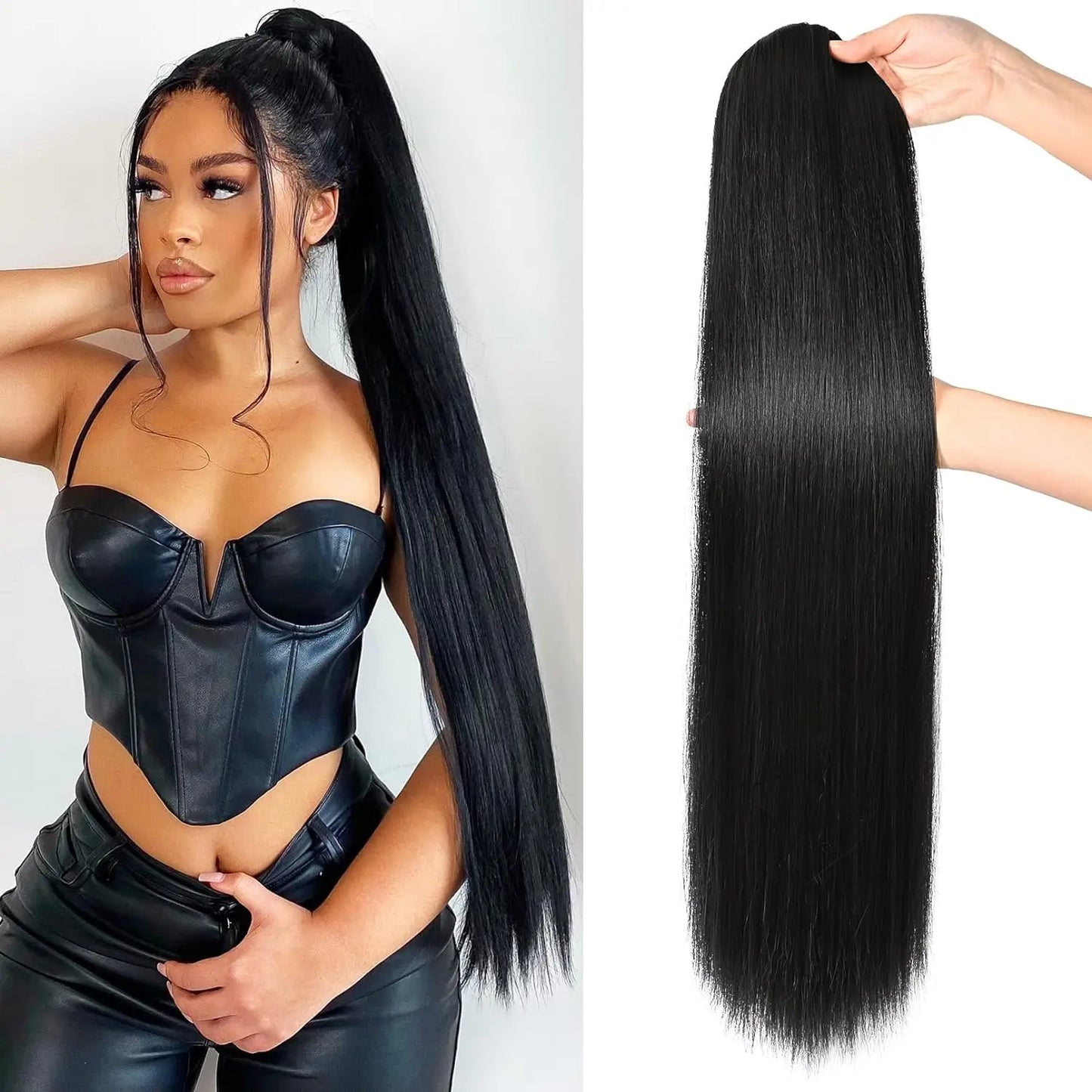 Long Straight Ponytail Extension Clip in,14/15/16 Inch Wrap Around Ponytail Heat Resistant Synthetic Pony Tail Hair