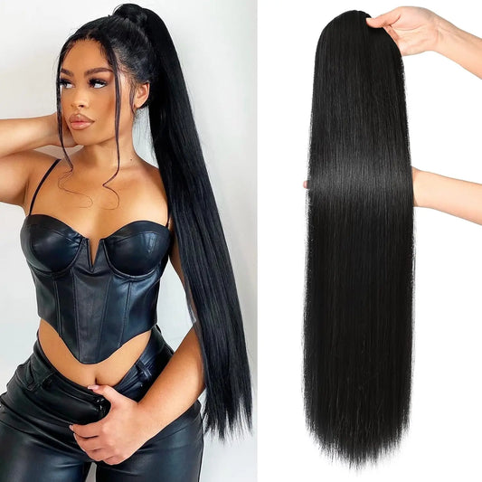 Long Straight Ponytail Extension Clip in,14/15/16 Inch Wrap Around Ponytail Heat Resistant Synthetic Pony Tail Hair