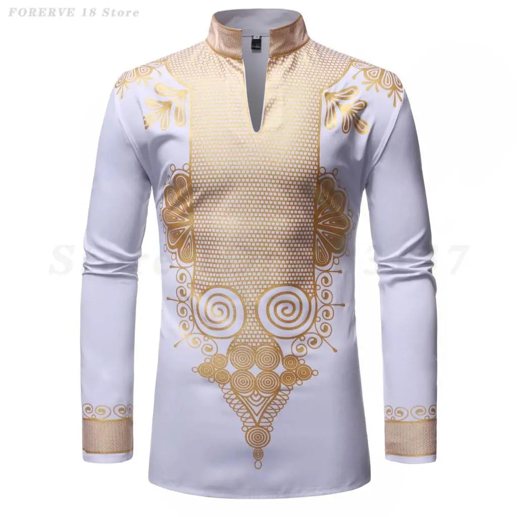 Men's Shirts Fashion Long Sleeve African Turkish Chieftain Print Robe Male Casual Blouses Traditional Ethnic Style Muslim Shirts