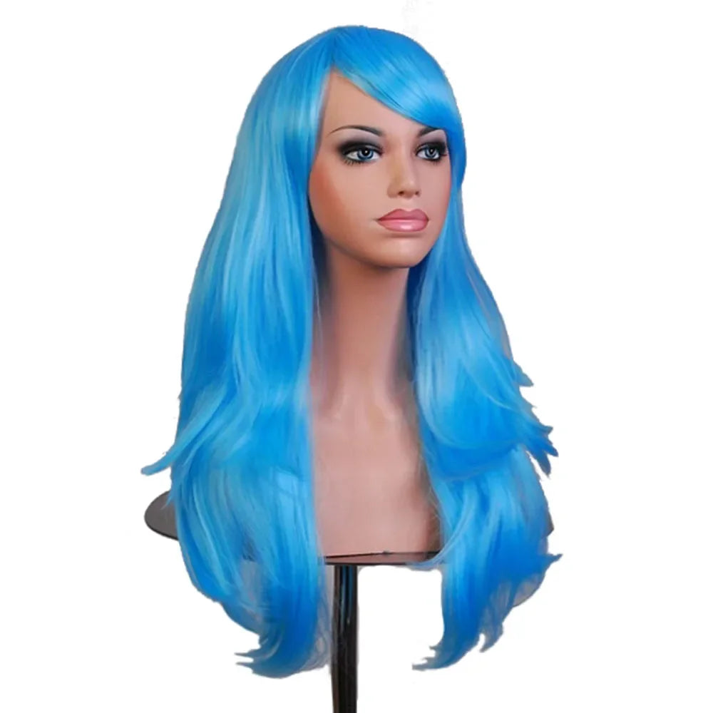 QQXCAIW Long Wavy Cosplay Wig Red Green Purple Pink Black Blue Sliver Gray Blonde Brown 70 Cm Synthetic Hair Wigs