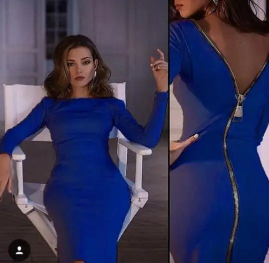 Spring new large size Bodycon dress Solid Color Round neck long sleeve Back zipper tight dress Female Fashion Clothes D1240 BAZAARHUBO