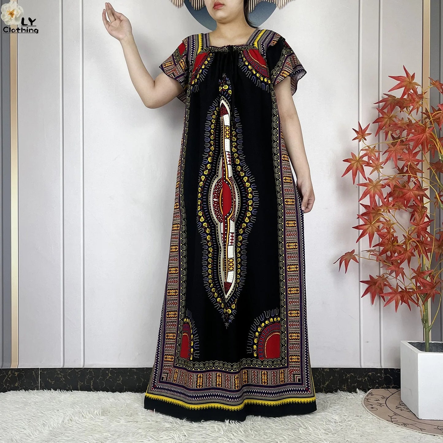 New Style African Abaya Summer Fashion Short Sleeve For Women Dress Cotton Boat Neck Loose Caftan Dubai Islam Femme Elegant Robe