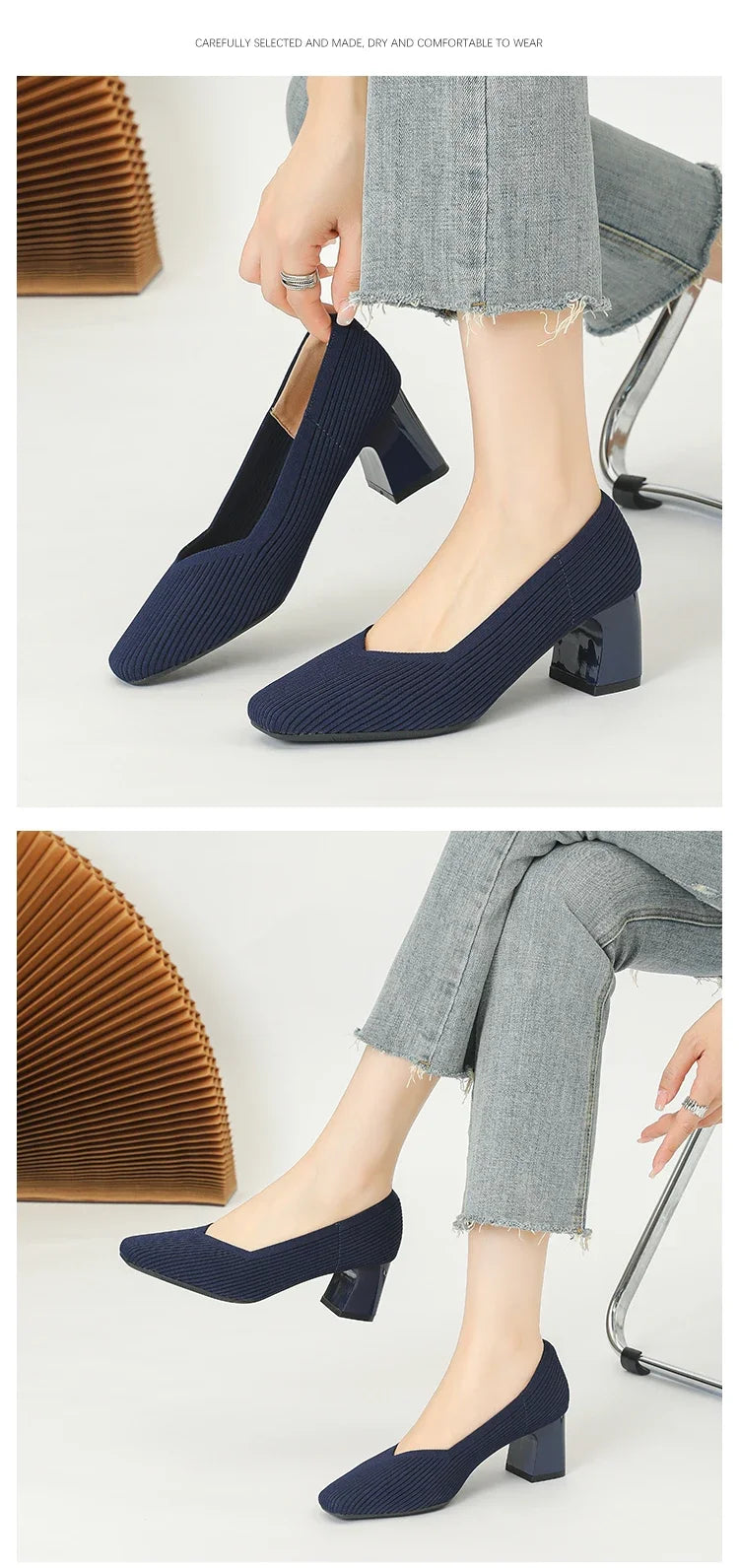 Shoes Woman High Heels Comfortable Square Knitted Breathable Comfortable Women's Flats Shoes (5cm High) 2025 New Collection