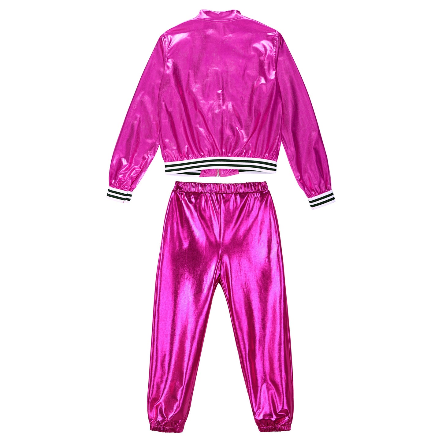 Kids Girls Sports Outfits Jazz Hip Hop Street Dance Costume Shiny Metallic Long Sleeves Bomber Jacket Coat with Pants Streetwear