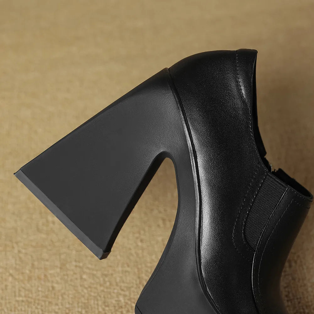 Aucegi New Spring Autumn Women Genuine Leather Pumps Classic Style Pointed Toe Platform Chunky Heel Retro Zipper Handmade Shoes